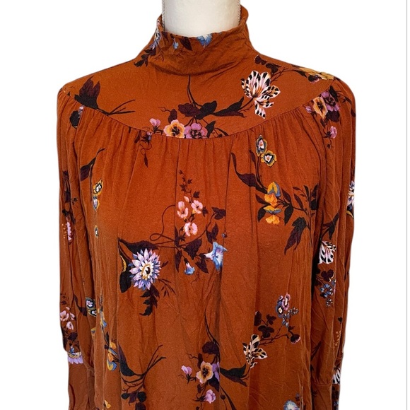 Ann Taylor Rust Floral Stretchy Turtleneck Puff Sleeve Women’s Small Blouse - Picture 4 of 13